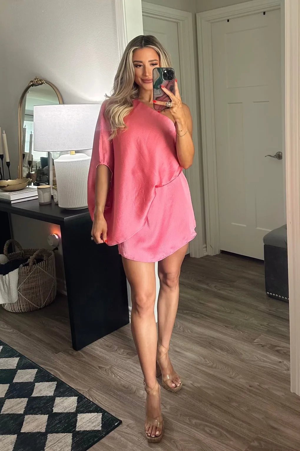 A Beautiful Night One Shoulder Satin Dress: Pink
