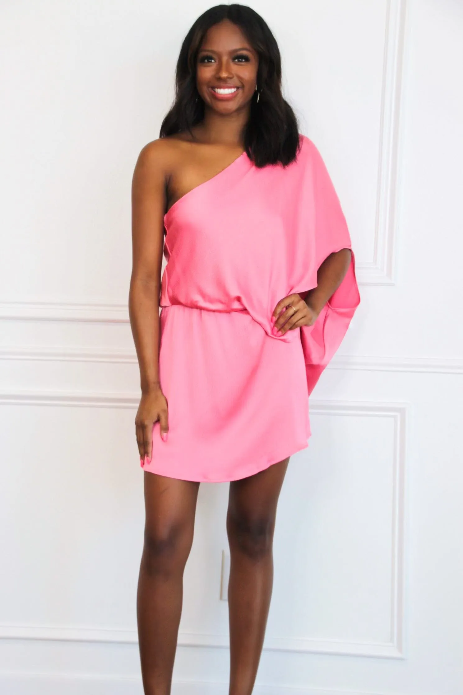 A Beautiful Night One Shoulder Satin Dress: Pink