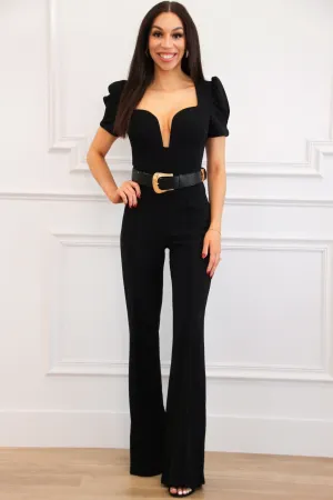 Arnell Belted Short Sleeve Jumpsuit: Black