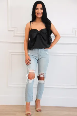 Atlas Satin Bow Babydoll Top: Black