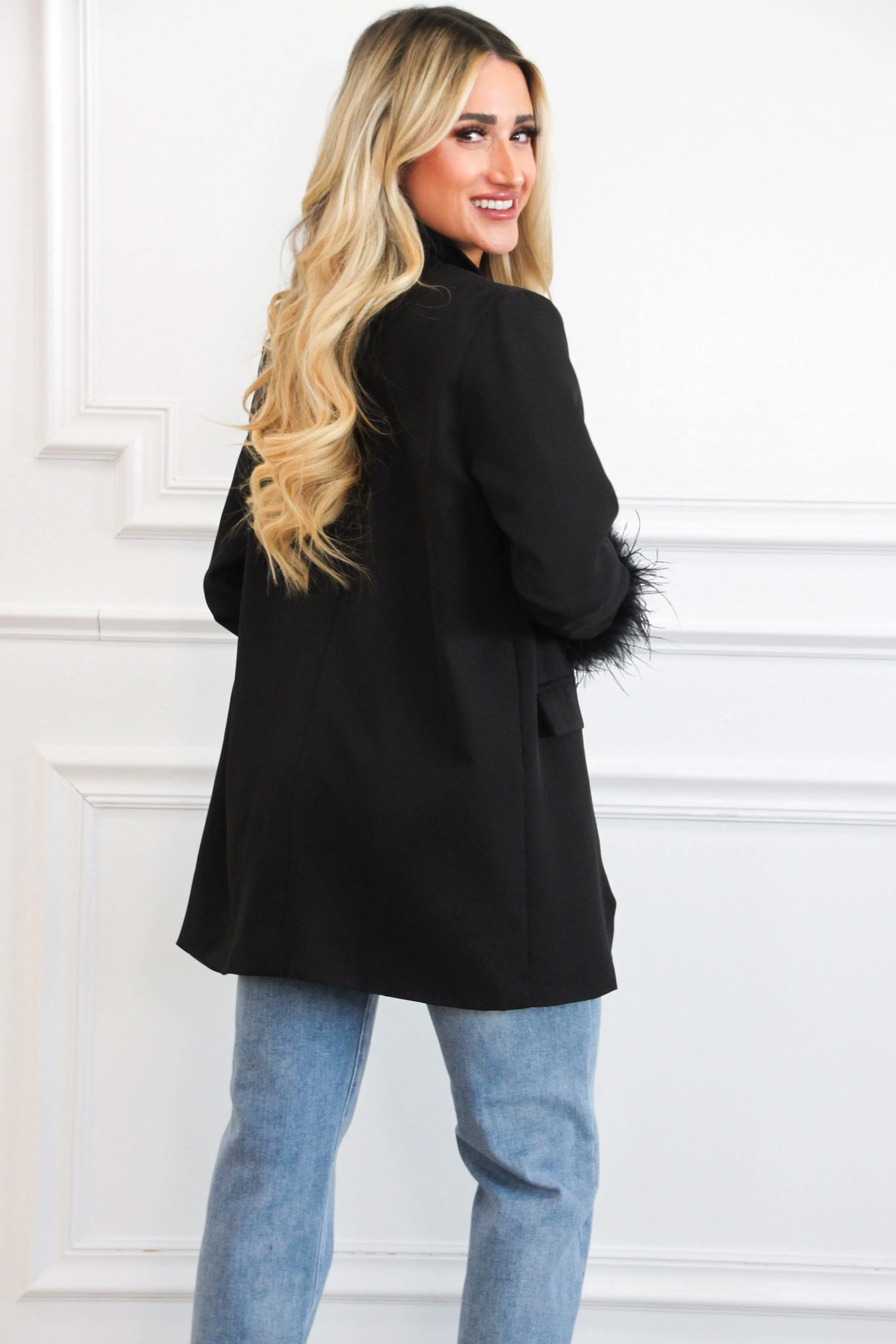 Betsy Oversized Feather Blazer: Black