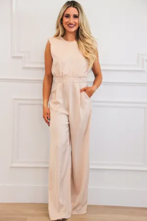 Bette Cap Sleeve Satin Jumpsuit: Champagne