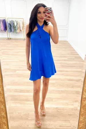 Charlize High Neck Open Back Halter Dress: Blue