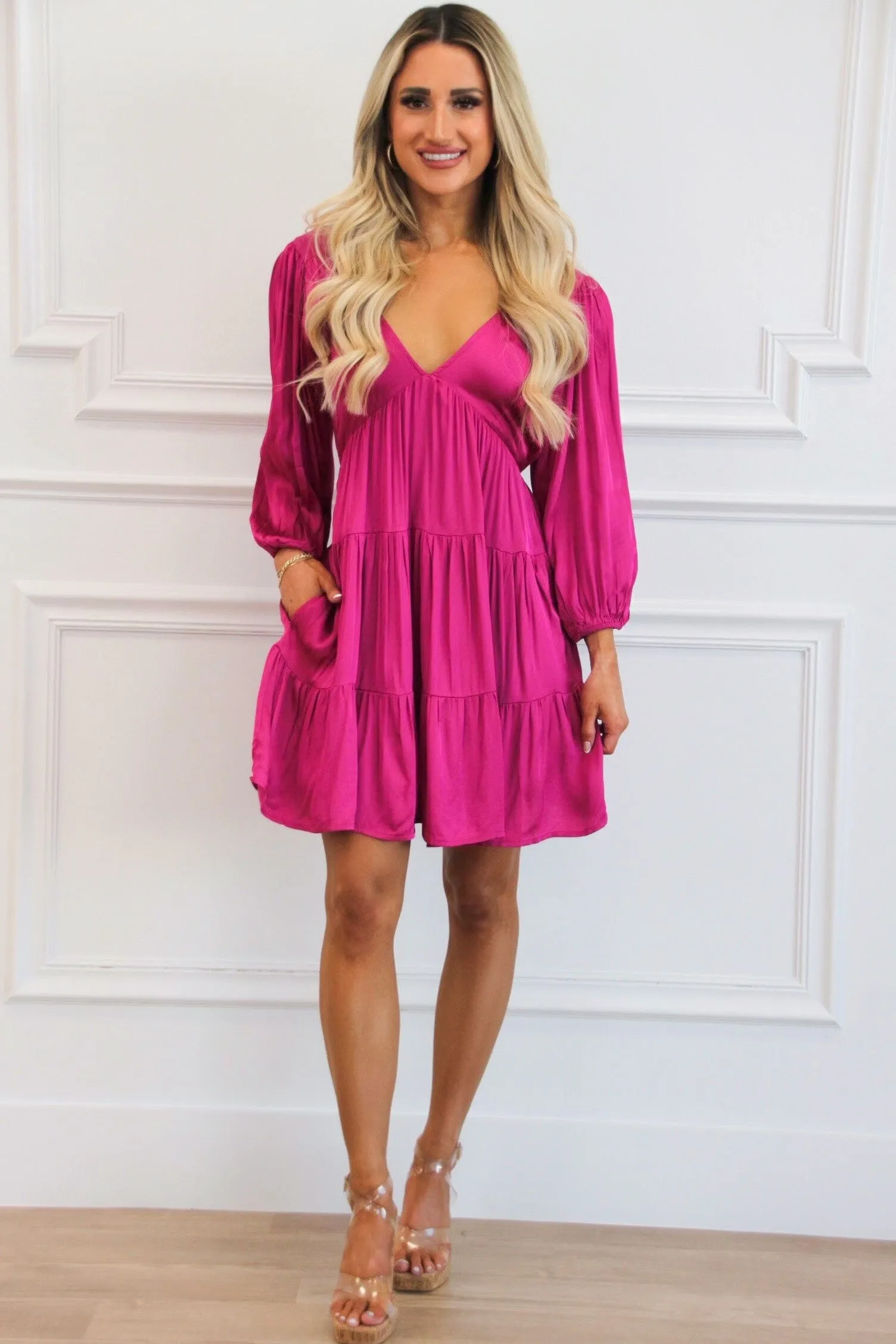 Cindy V Neck Dress: Fuchsia