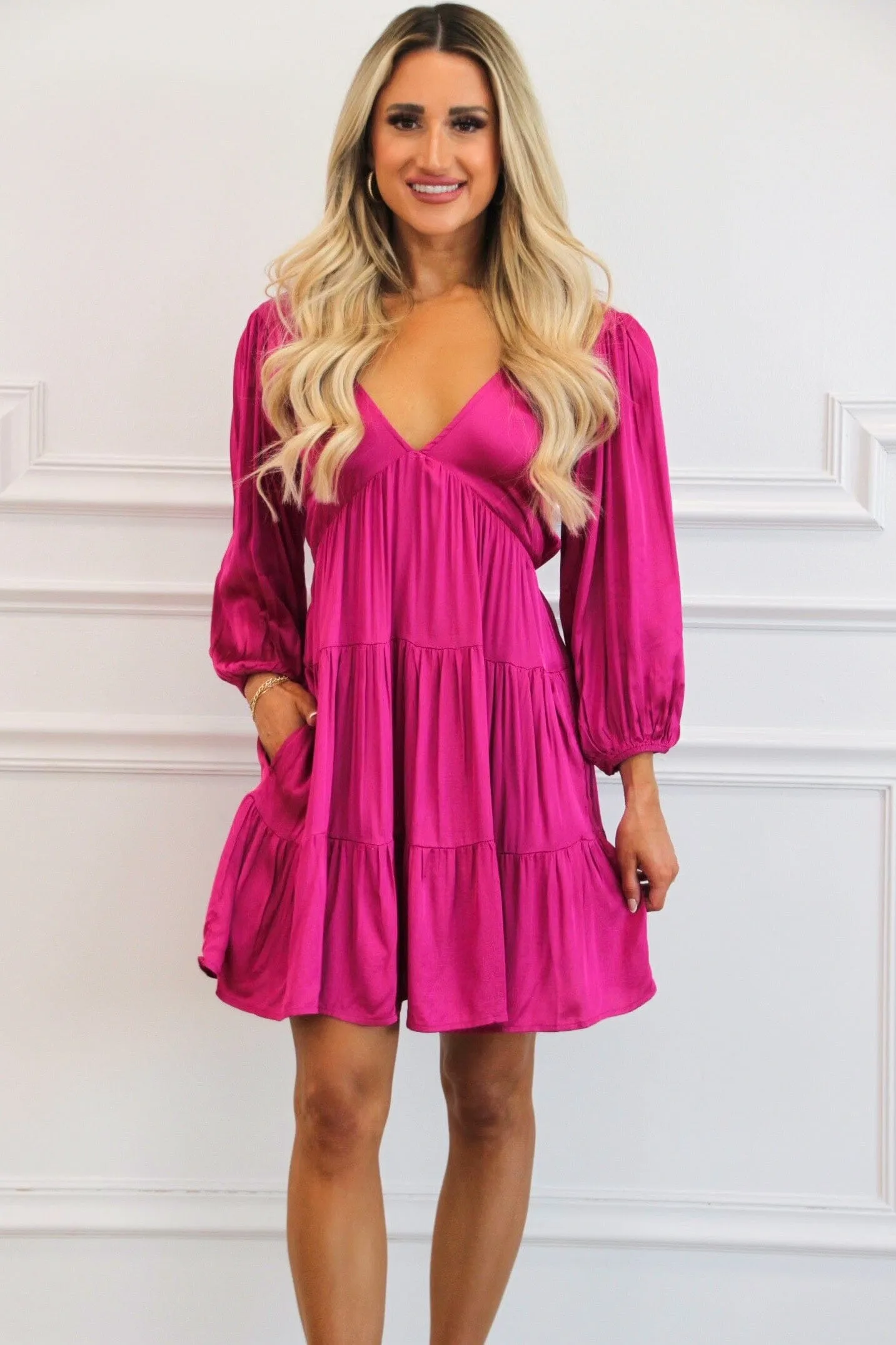 Cindy V Neck Dress: Fuchsia