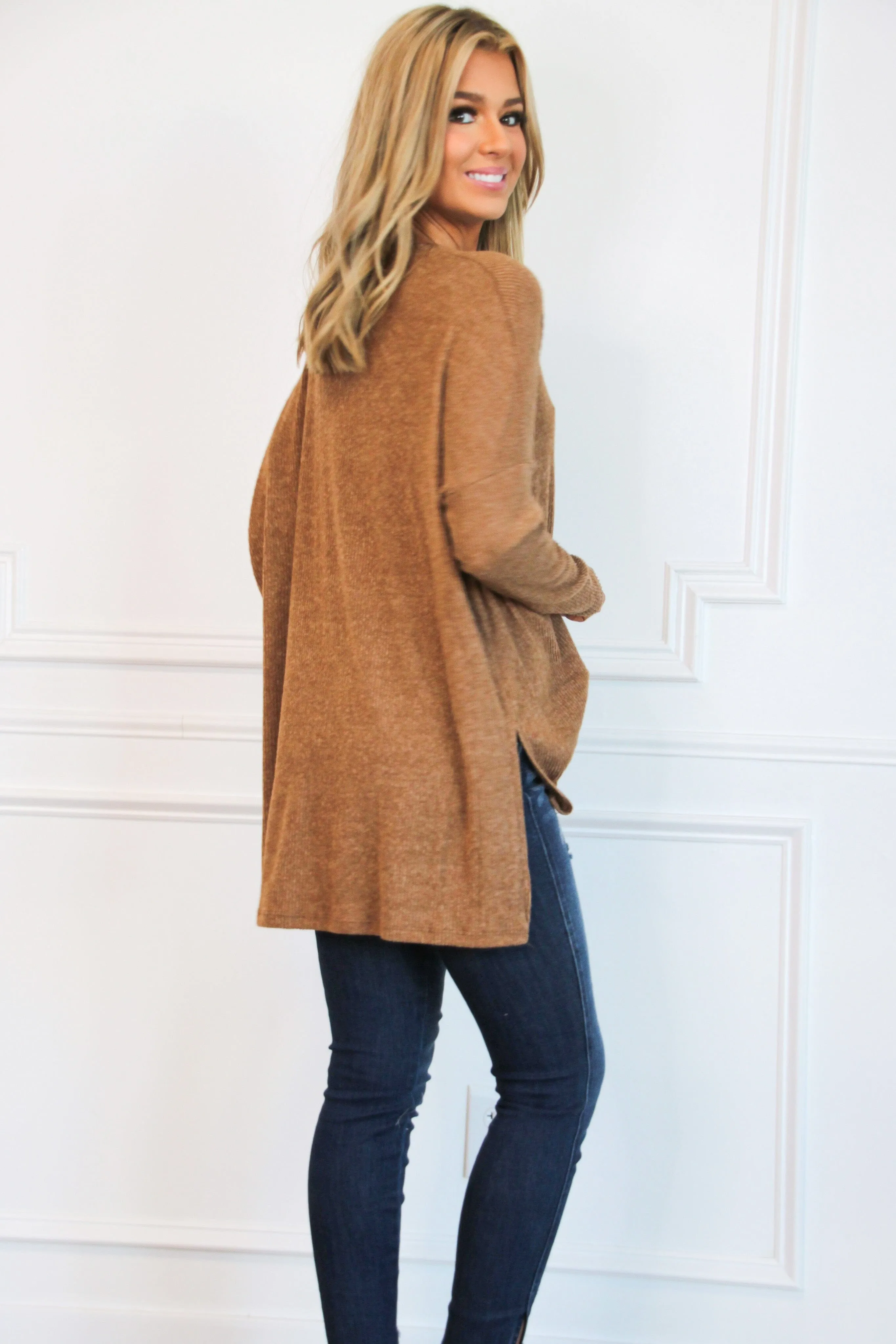 Comfy Every Day Ribbed Oversized Lightweight Sweater: Dark Camel