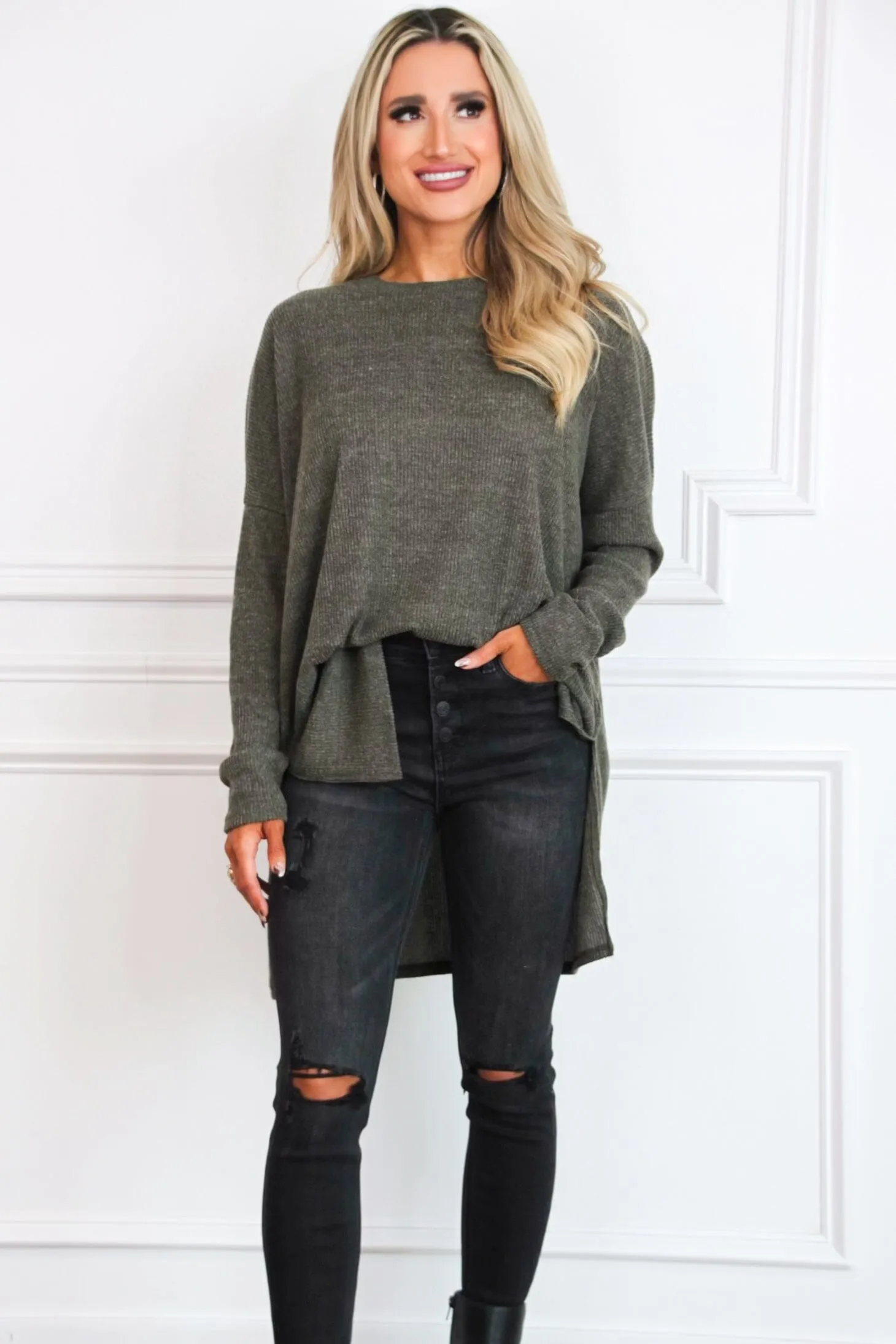 Comfy Every Day Ribbed Oversized Lightweight Sweater: Dark Olive