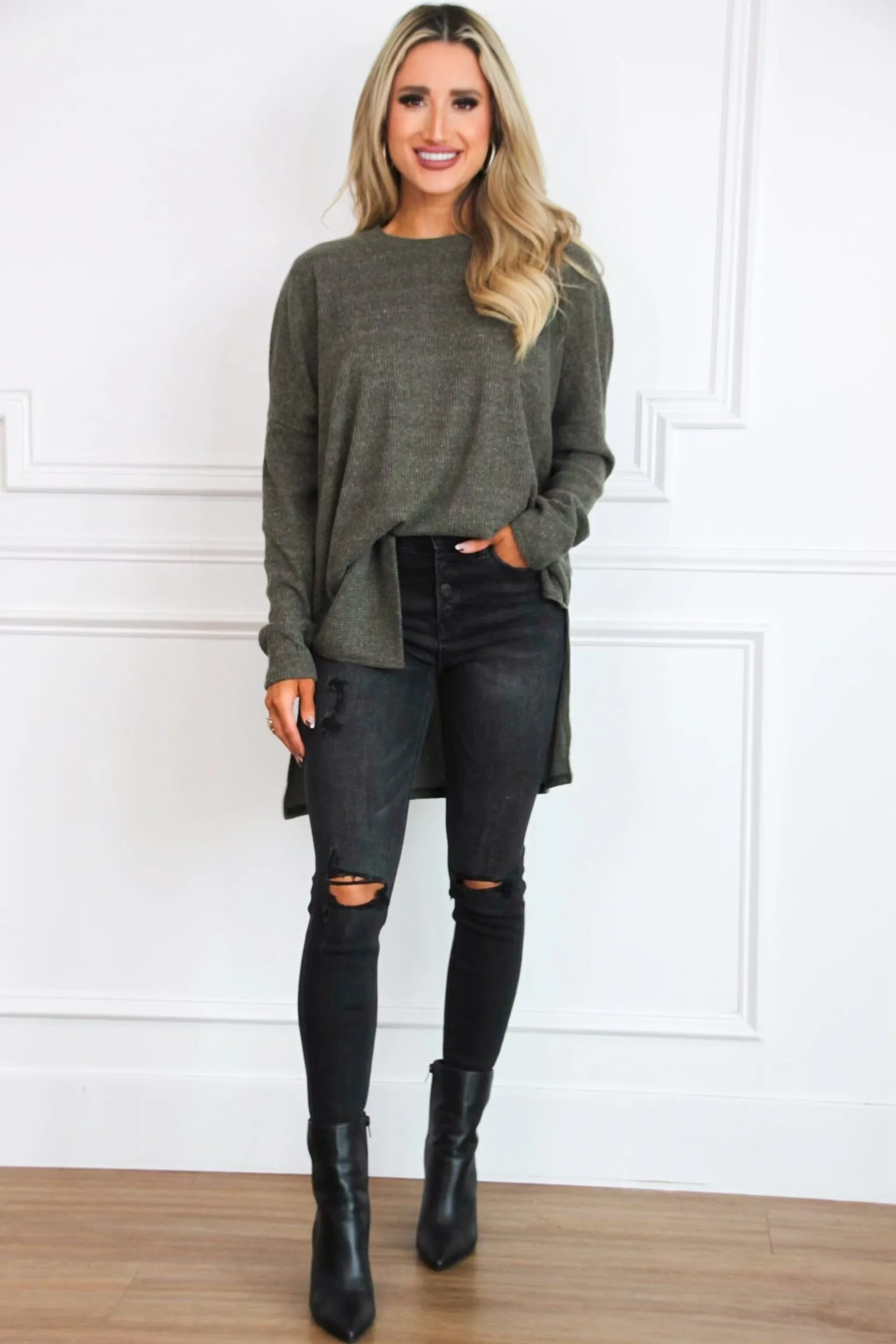 Comfy Every Day Ribbed Oversized Lightweight Sweater: Dark Olive