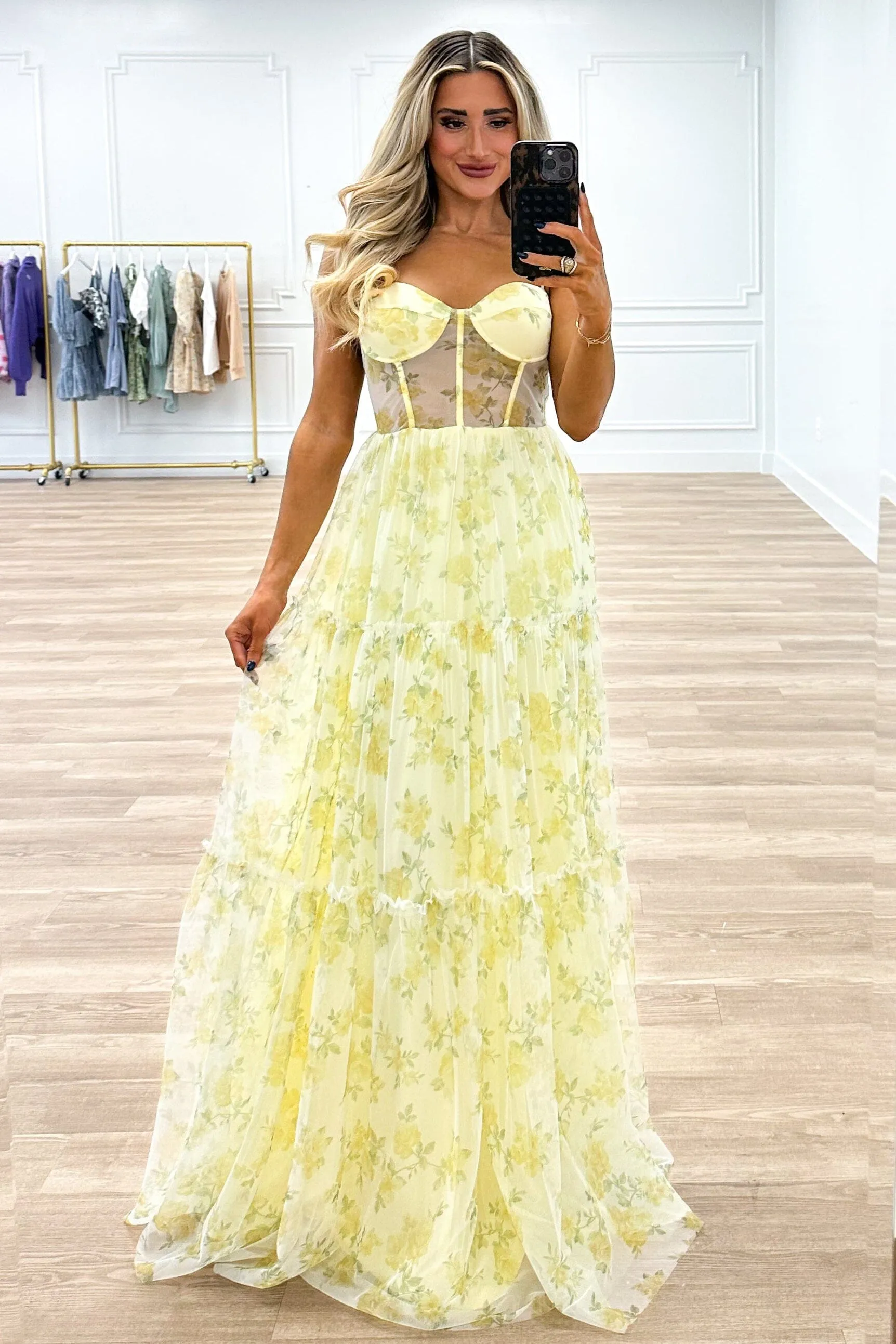 Field of Daisies Floral Bustier Maxi Dress: Yellow
