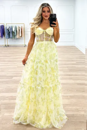 Field of Daisies Floral Bustier Maxi Dress: Yellow