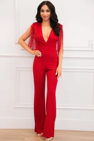 Fort Worth Feels Fringe Jumpsuit: Red