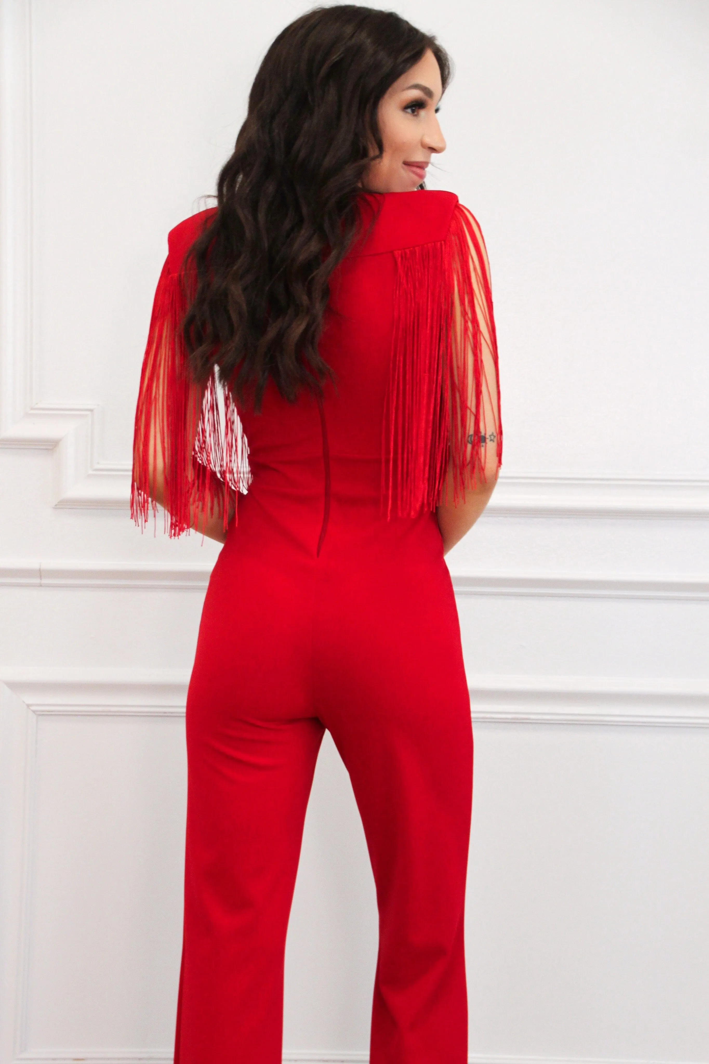 Fort Worth Feels Fringe Jumpsuit: Red