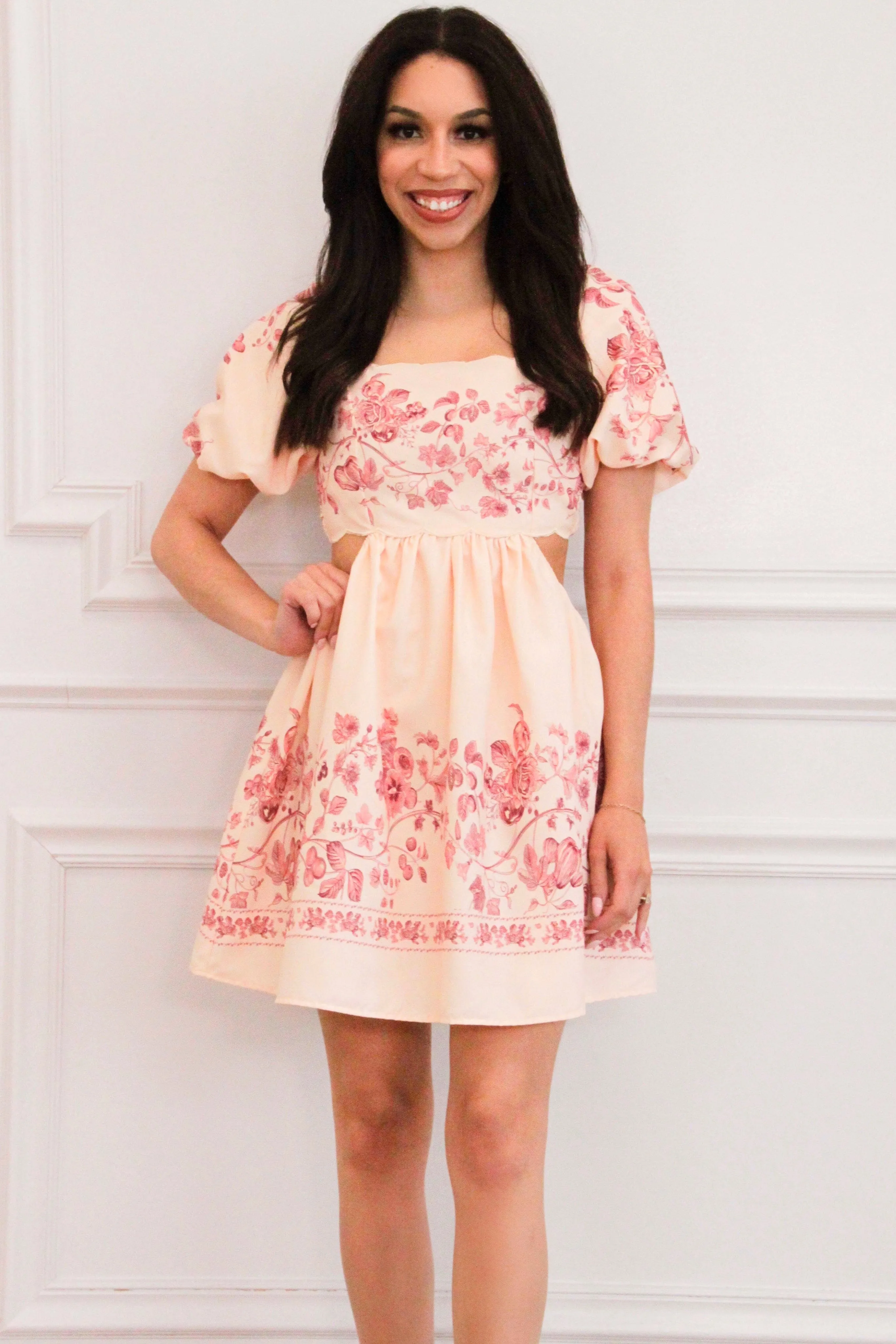 Giving Designer Scalloped Cutout Floral Babydoll Dress: Natural Blush