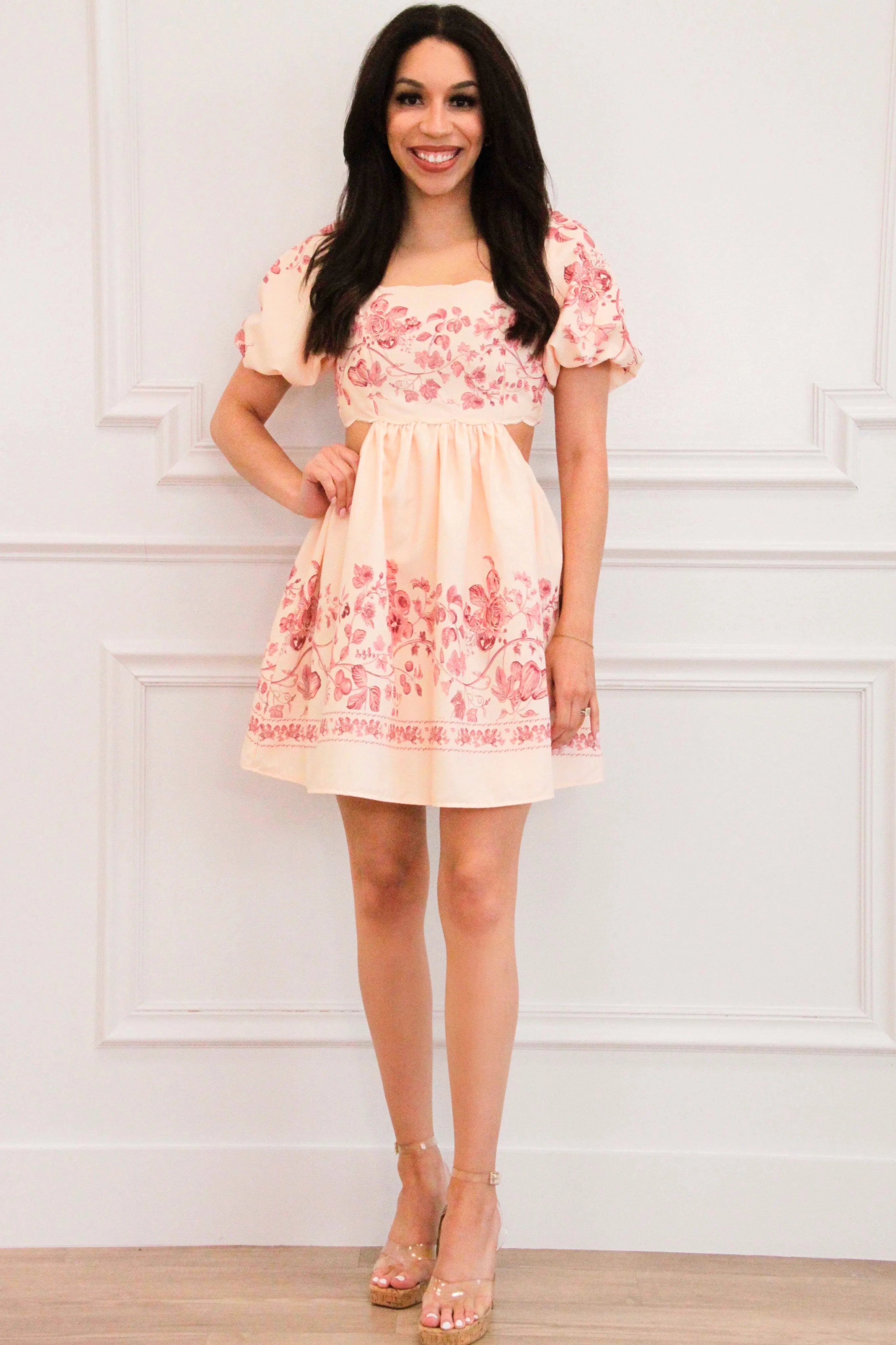 Giving Designer Scalloped Cutout Floral Babydoll Dress: Natural Blush