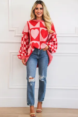 Hearts Checkered Oversized Sweater: Red