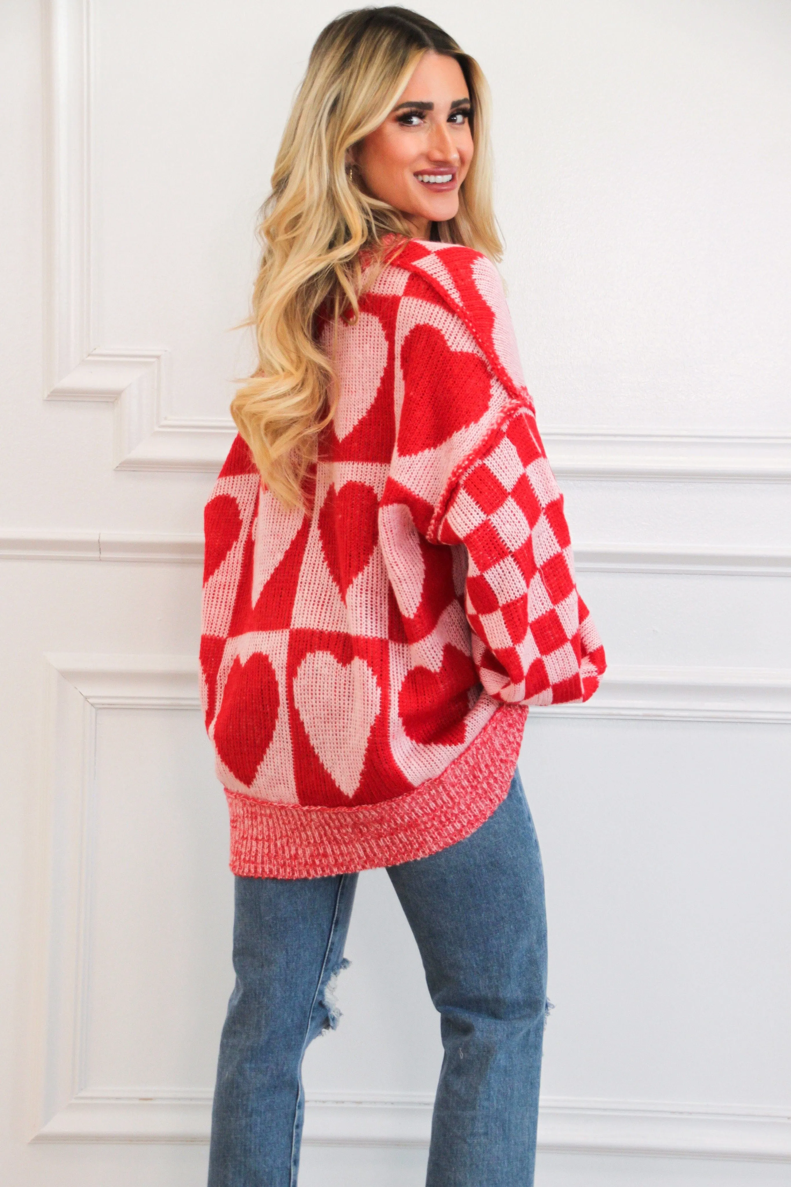 Hearts Checkered Oversized Sweater: Red