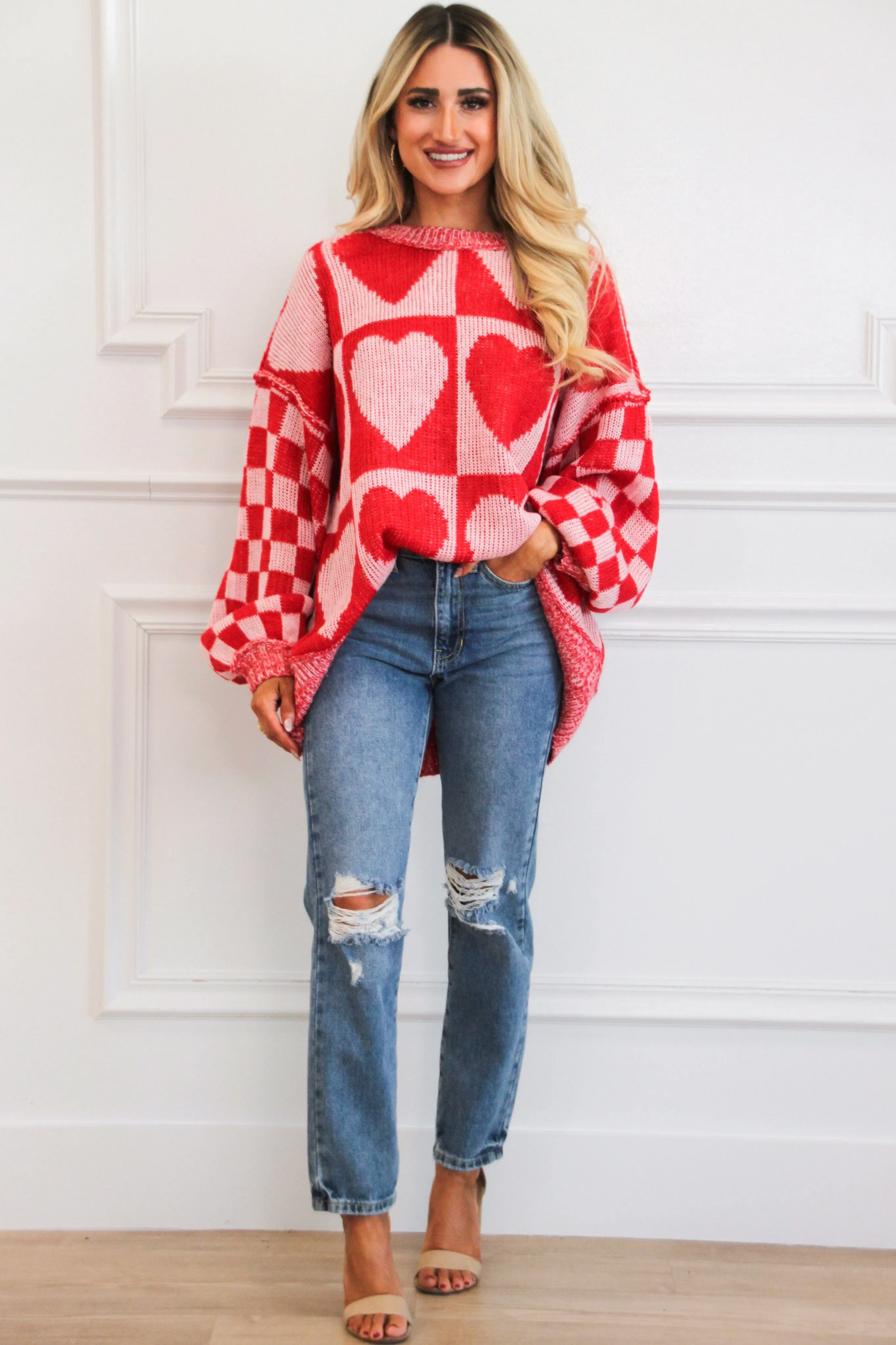 Hearts Checkered Oversized Sweater: Red