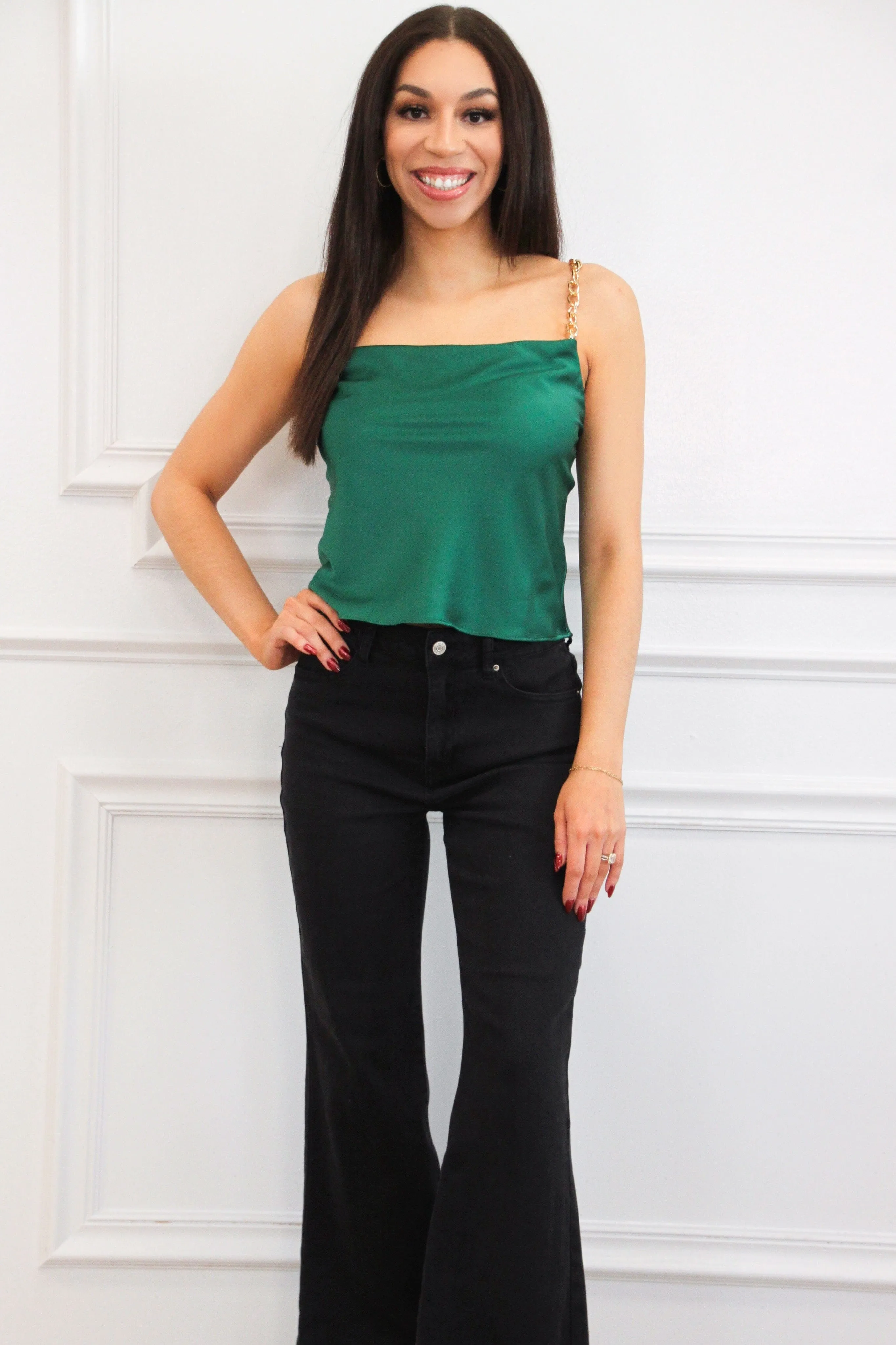 Jaclyn Satin Chain Top: Emerald Green