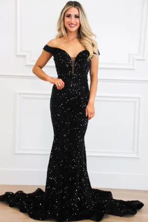 Jadelynn Velvet Sequin Off Shoulder Maxi Dress: Black
