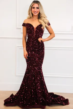 Jadelynn Velvet Sequin Off Shoulder Maxi Dress: Burgundy