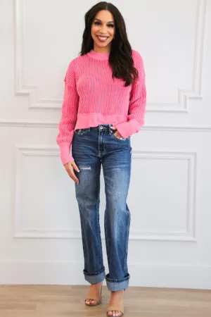 Jovanie Two Tone Ribbed Oversized Sweater: Pink