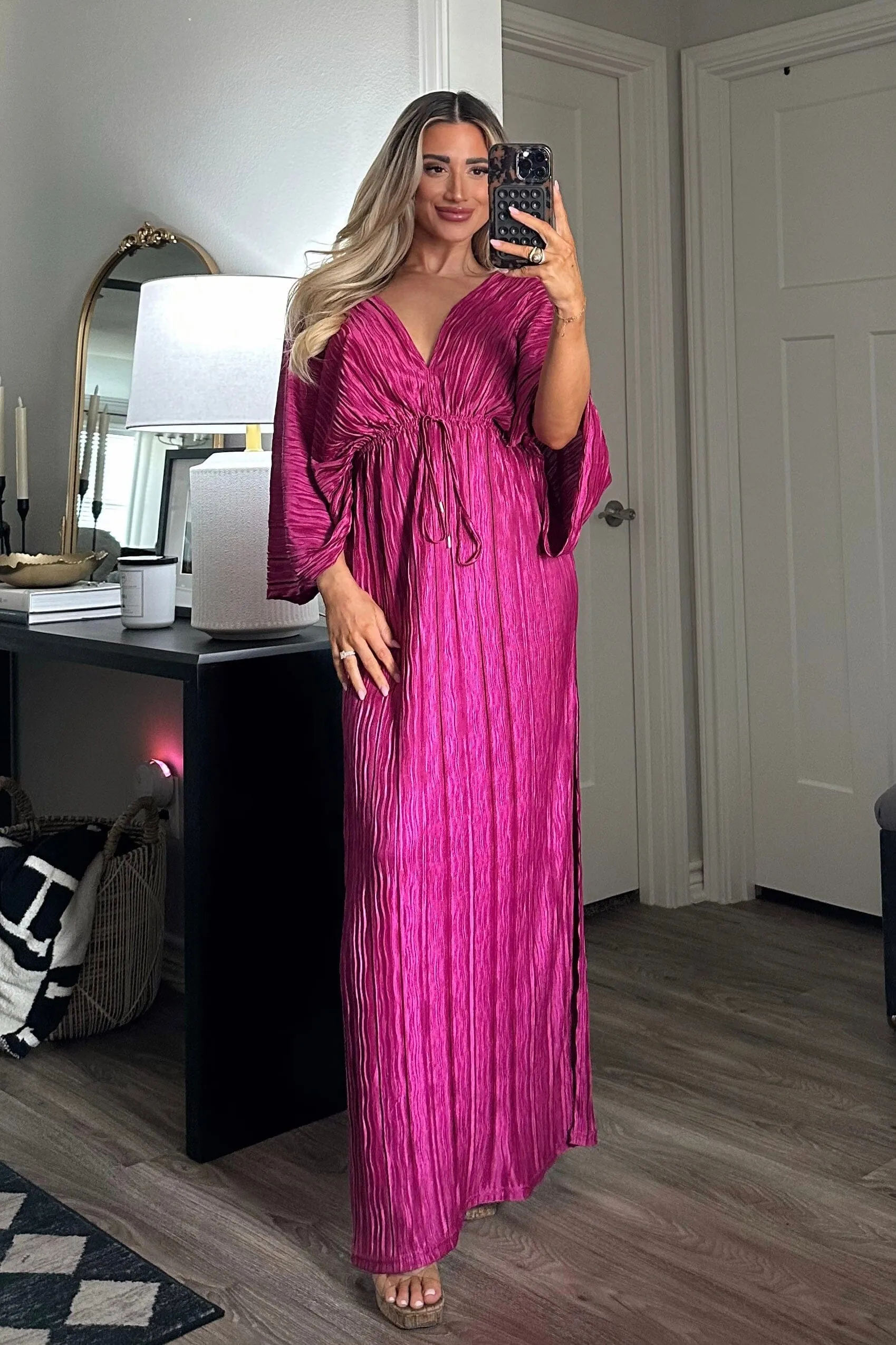 Junie Pleated Batwing Maxi Dress: Magenta