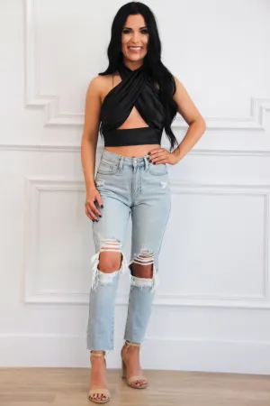 Kenzie Satin Halter Crop Top: Black