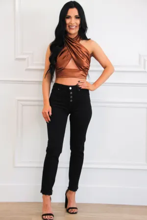 Kenzie Satin Halter Crop Top: Rust