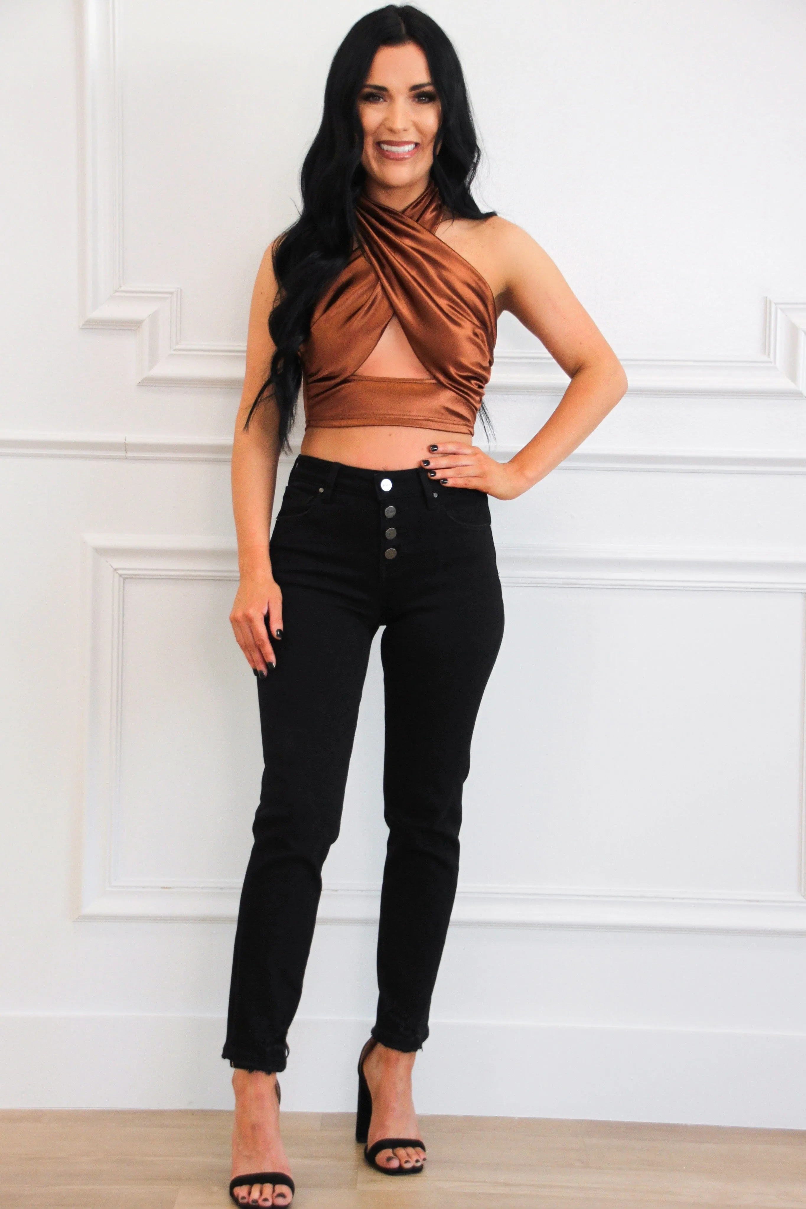 Kenzie Satin Halter Crop Top: Rust