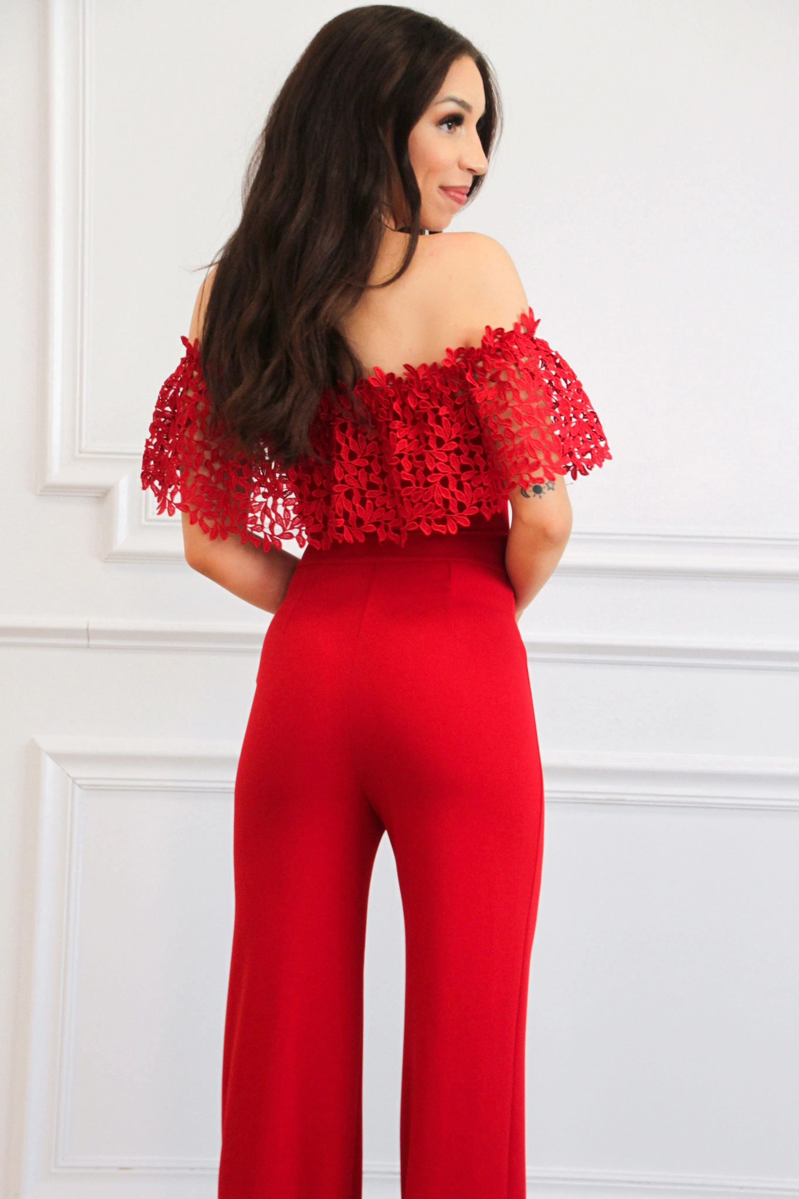 Own the Room Off Shoulder Jumpsuit: Red