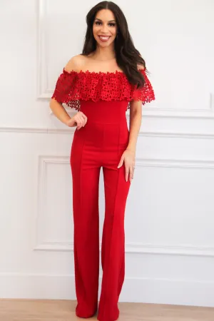 Own the Room Off Shoulder Jumpsuit: Red