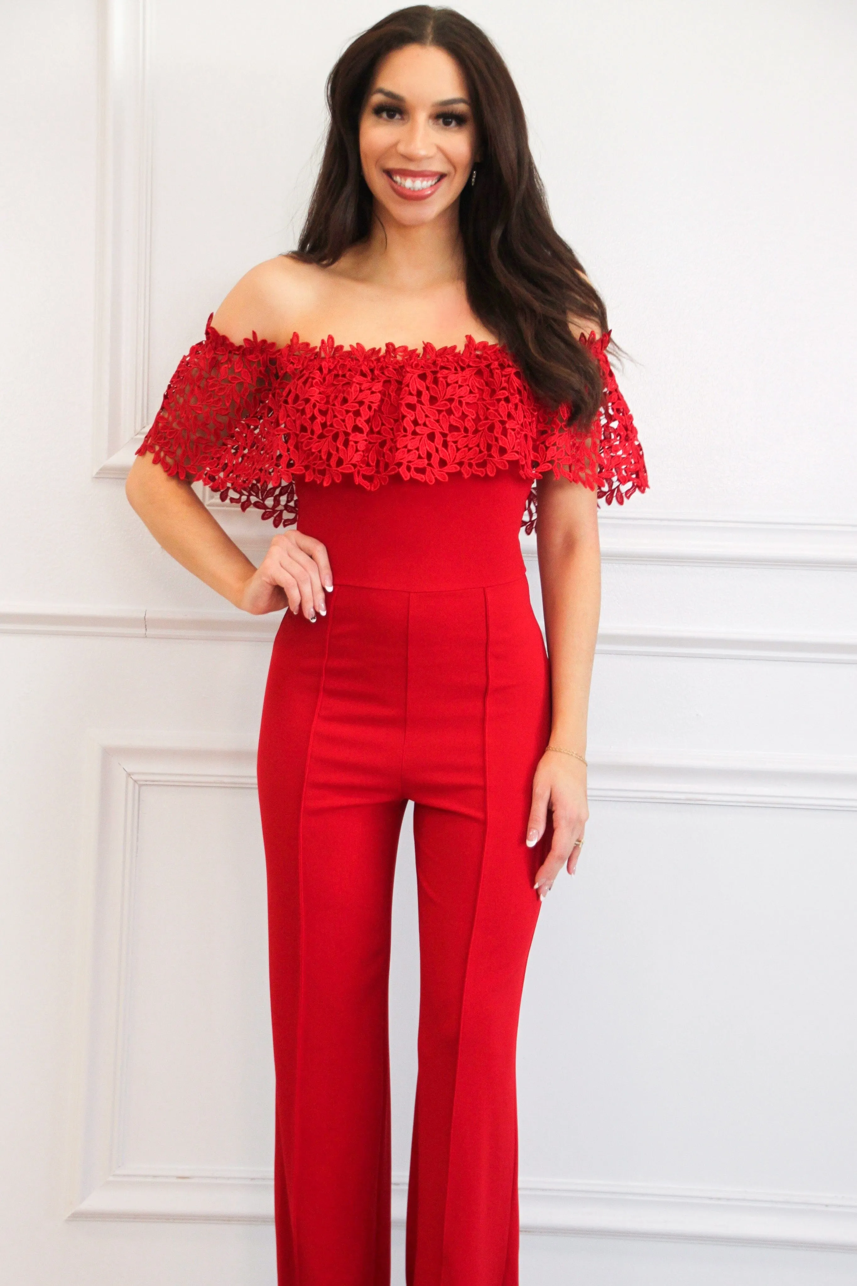 Own the Room Off Shoulder Jumpsuit: Red