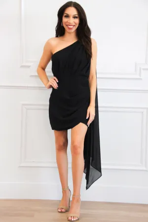 Pretty Little Devil Drape One Shoulder Dress: Black