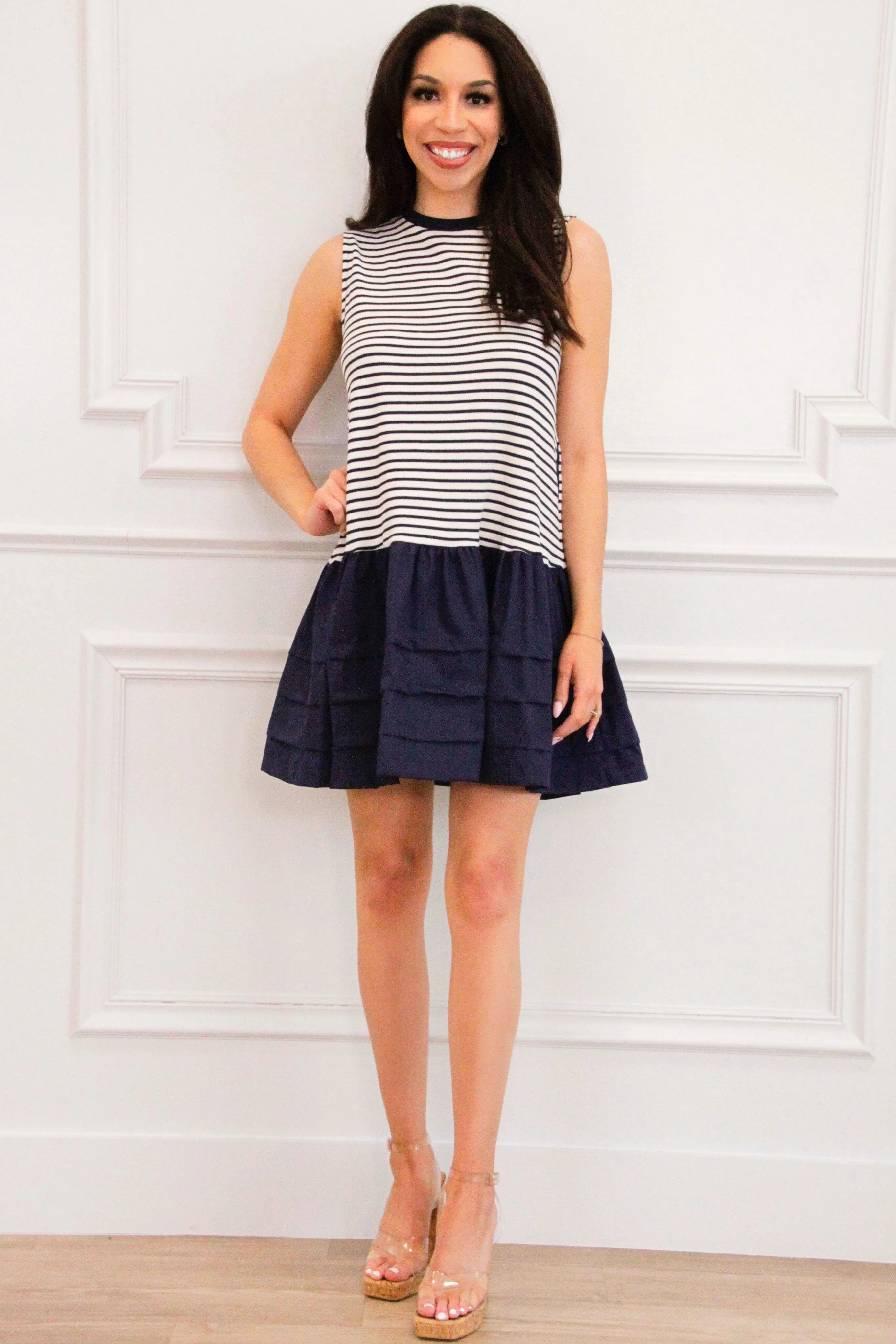 Sail Away With Me Striped Dress: White/Navy