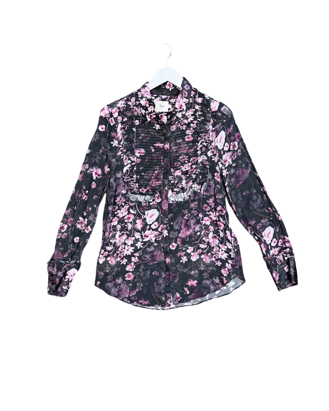 Size 8 | Aje Black and Multicoloured Floral Ruffle Blouse