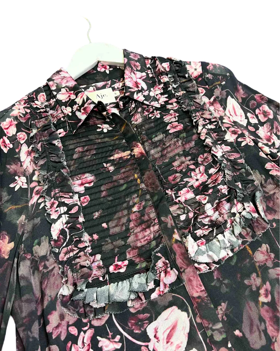 Size 8 | Aje Black and Multicoloured Floral Ruffle Blouse