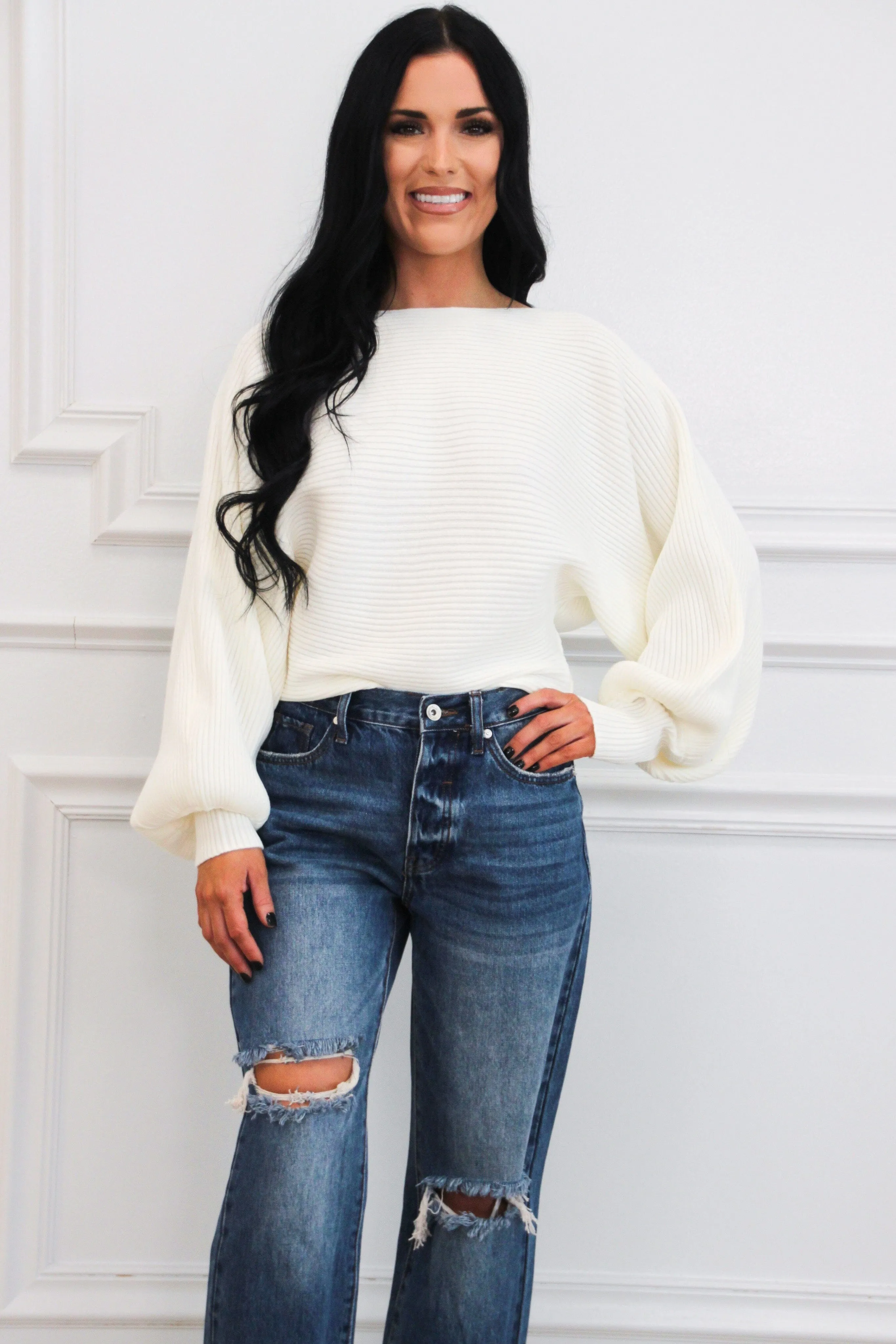 Staple Moment Boat Neck Balloon Sleeve Sweater: Off White