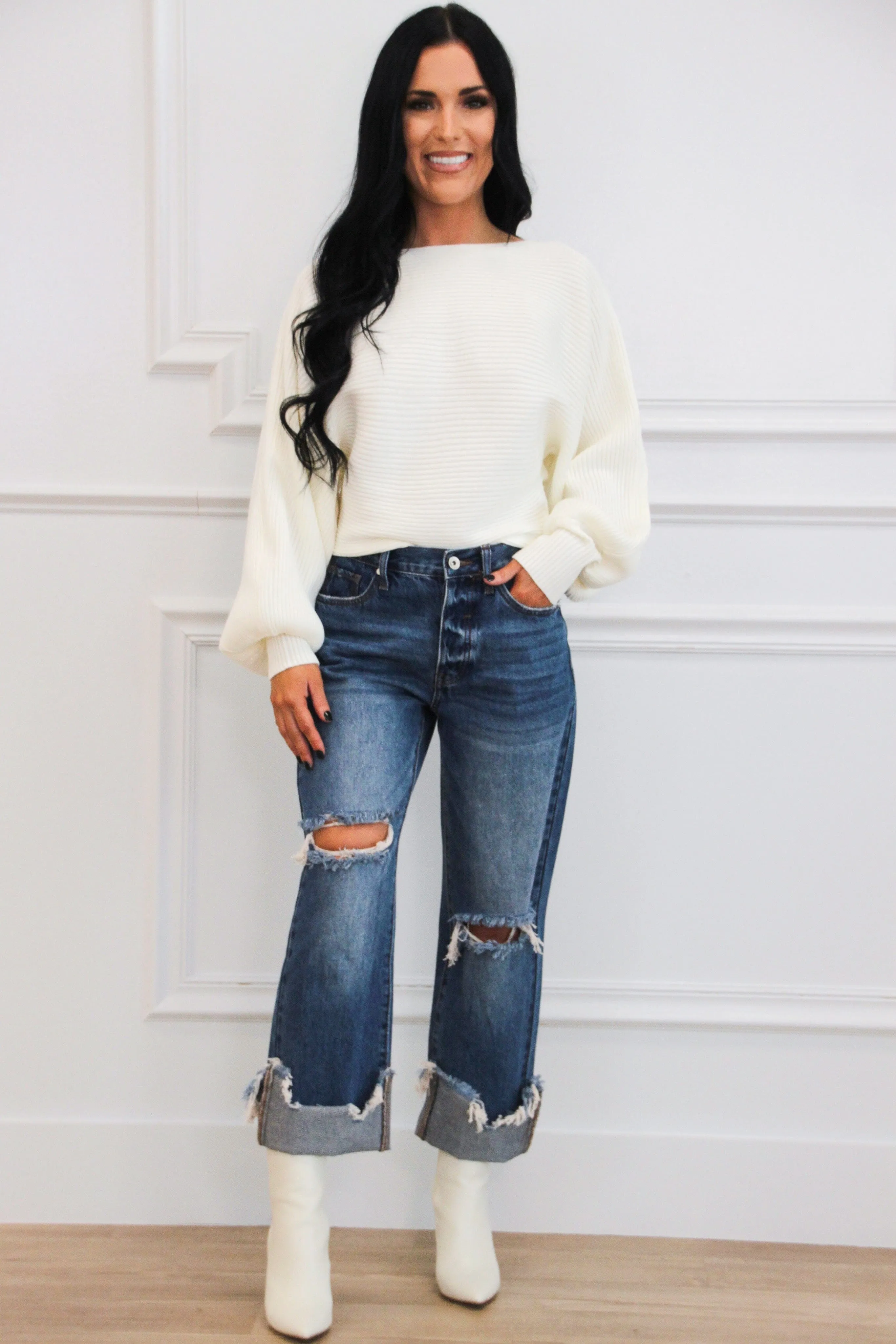 Staple Moment Boat Neck Balloon Sleeve Sweater: Off White