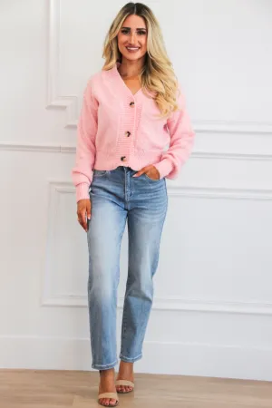 Teagan Button Front Cardigan Sweater: Pink