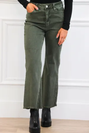 Zuri High Waisted Bootcut Denim: Dark Olive