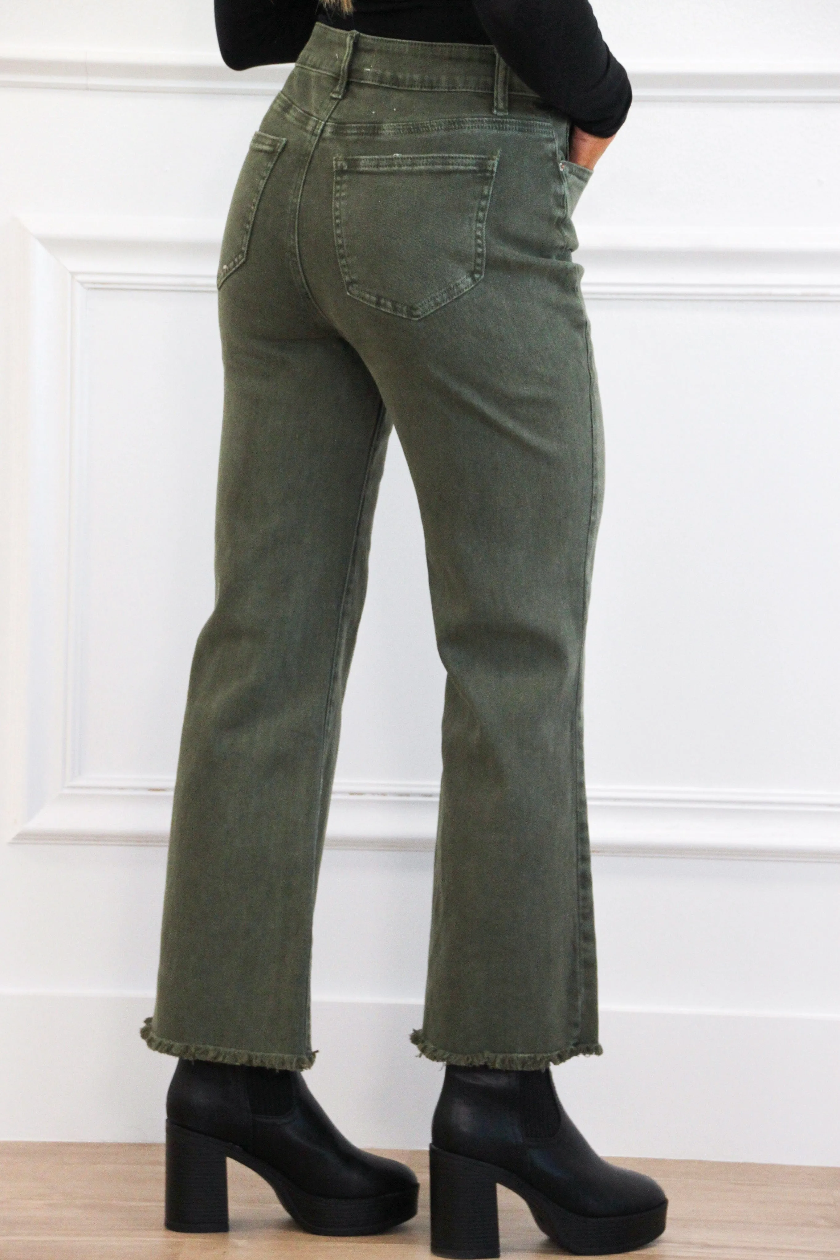 Zuri High Waisted Bootcut Denim: Dark Olive