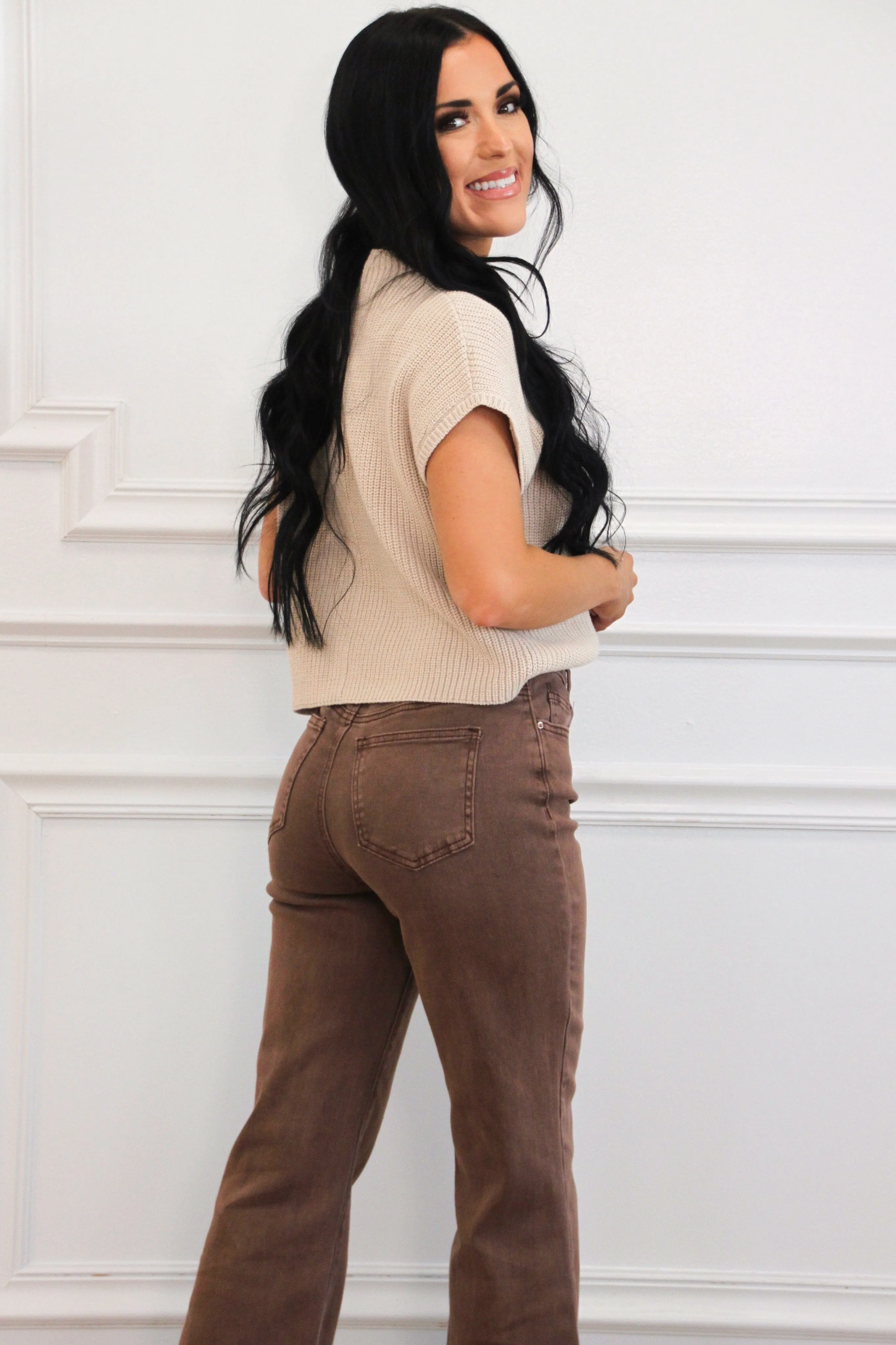 Zuri High Waisted Bootcut Denim: Mahogany Brown