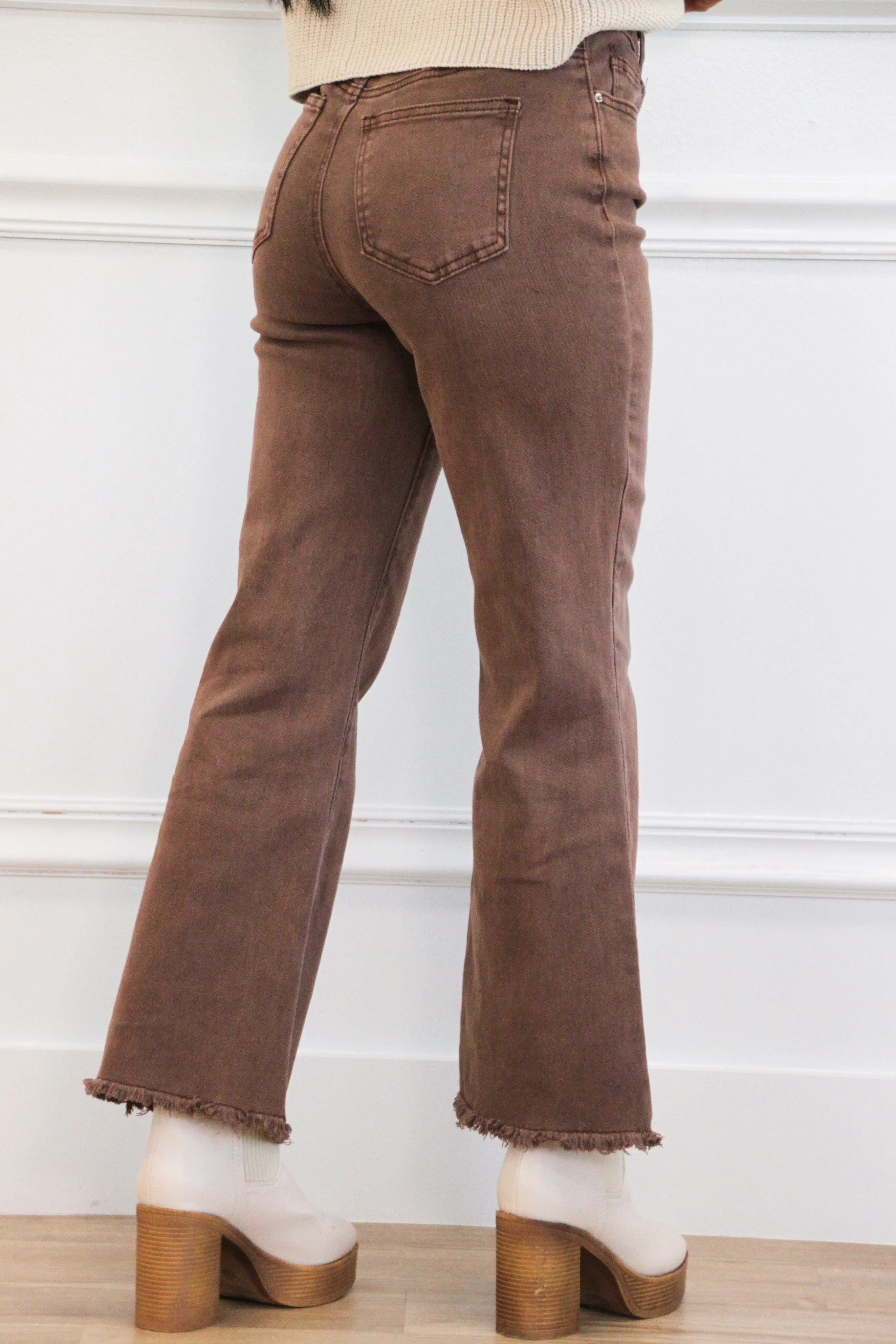 Zuri High Waisted Bootcut Denim: Mahogany Brown