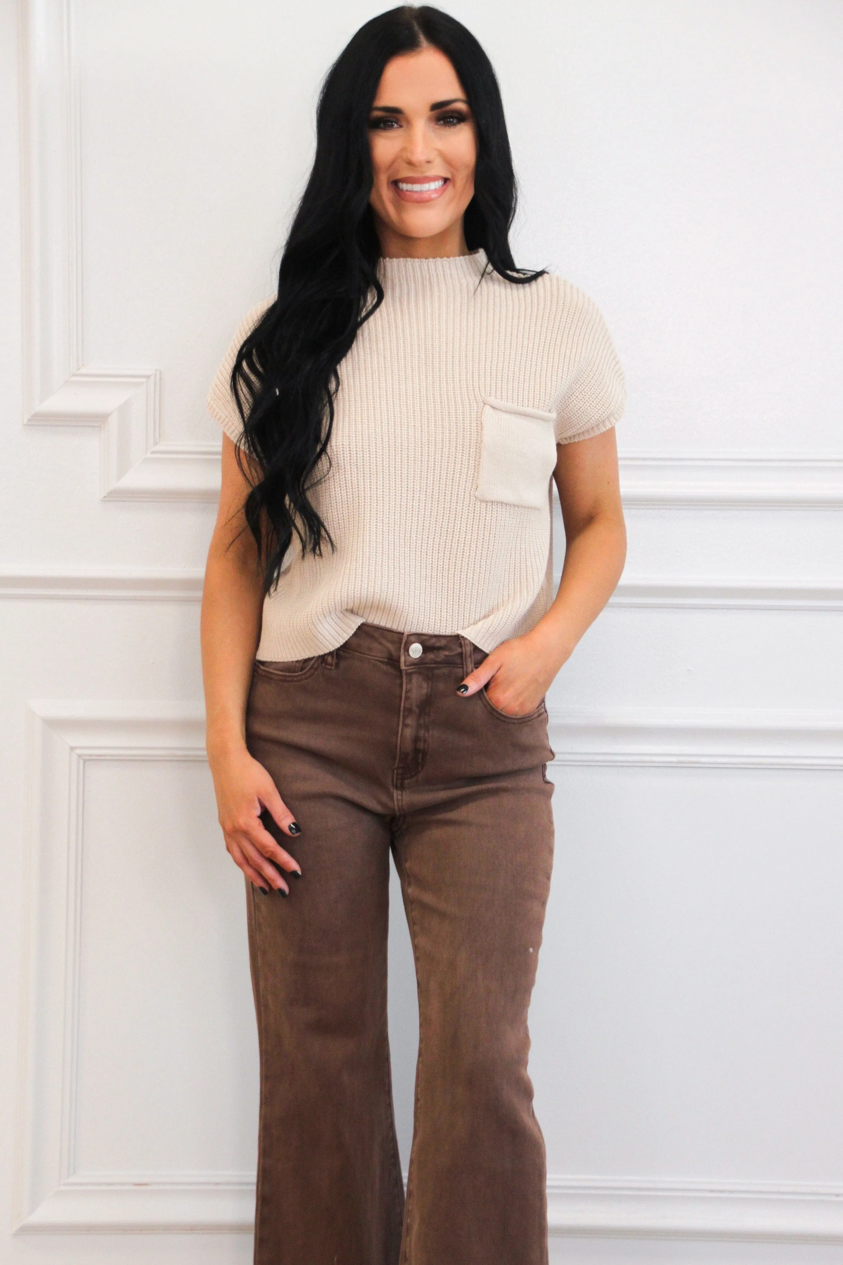 Zuri High Waisted Bootcut Denim: Mahogany Brown